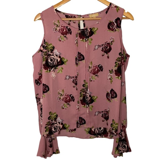 Takara Tops - Takara Floral Semi-Sheer Cold Shoulder Blouse Top  S